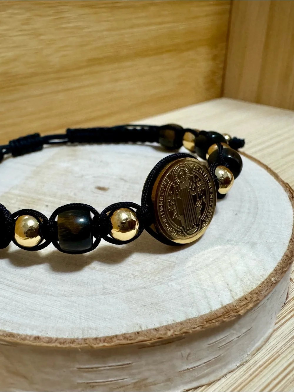 Tiger’s Eye, 14K gold-plated beads, and a Saint Benedict Stainless Steel Medal